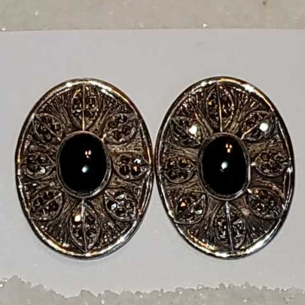 Vintage Sterling Silver and Black Stone Oval Earrings With Intricate Detail